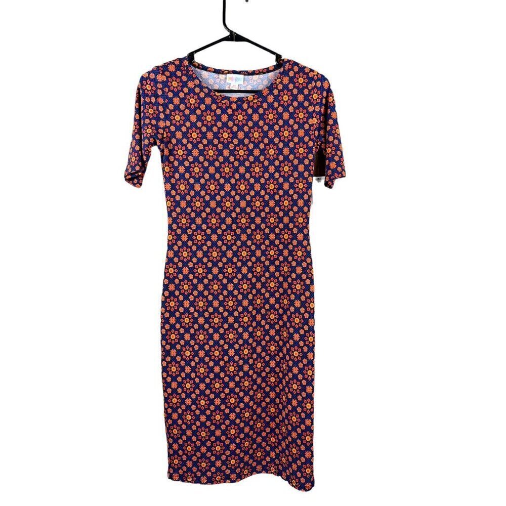Lularoe Julia Women's Long Navy Blue & Orange Design Dress